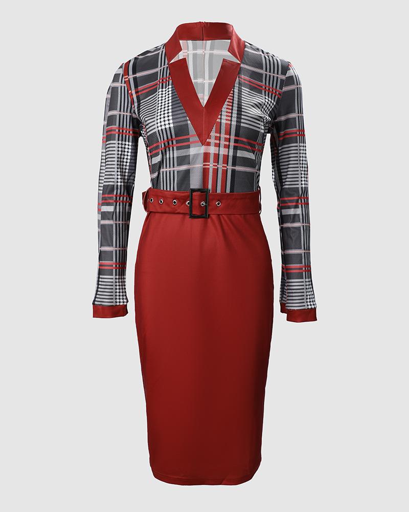 Plaid Print Long Sleeve Belted Work Dress