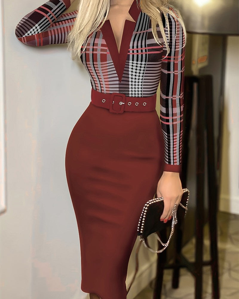 Plaid Print Long Sleeve Belted Work Dress