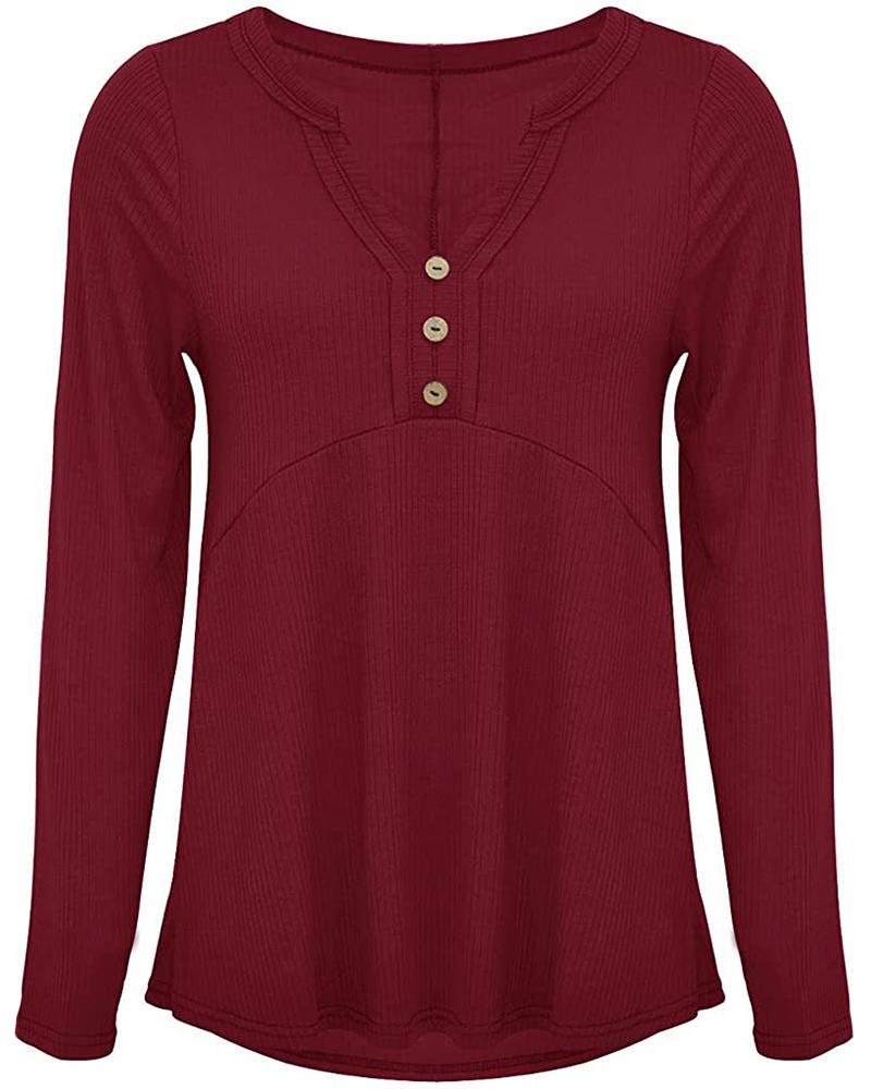 Long Sleeve Notch Neck Button Design Top