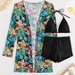 Halter Textured Bikini Top & Shorts Set With Floral Tropical Print Coat