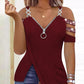 Rhinestone Decor Zip Detail Split Hem Cold Shoulder Top