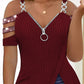 Rhinestone Decor Zip Detail Split Hem Cold Shoulder Top