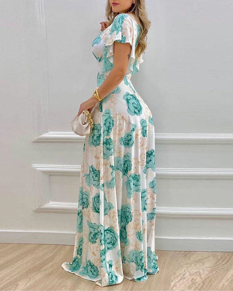 Floral Print V Neck Bell Sleeve Maxi Dress