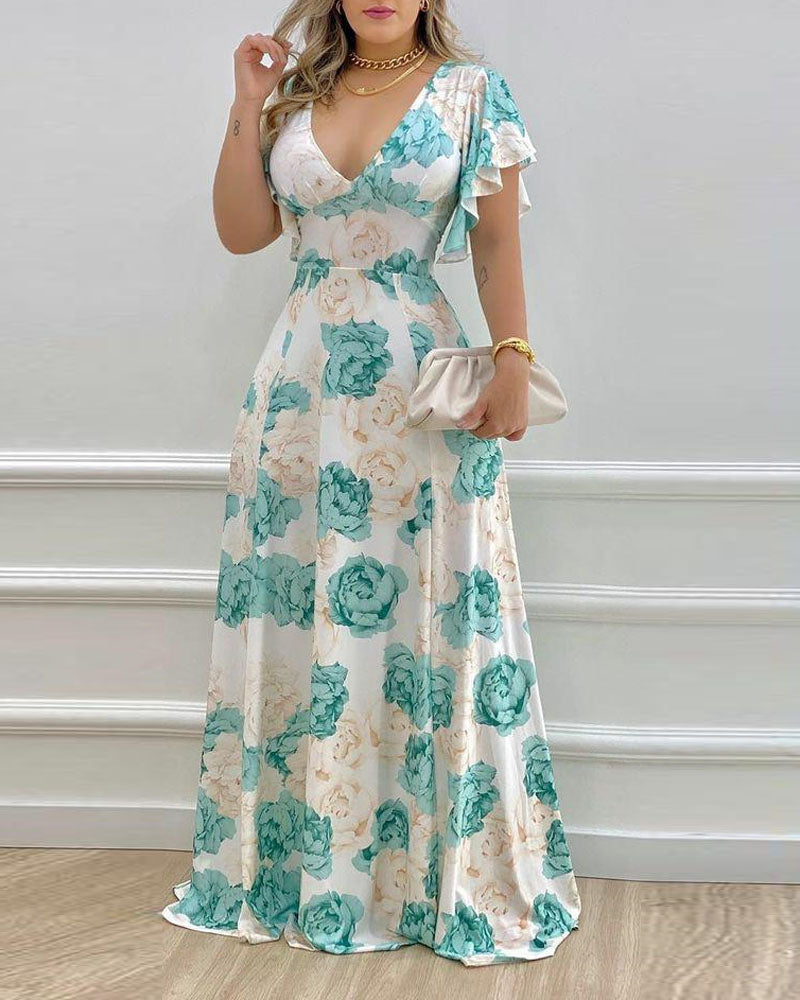 Floral Print V Neck Bell Sleeve Maxi Dress