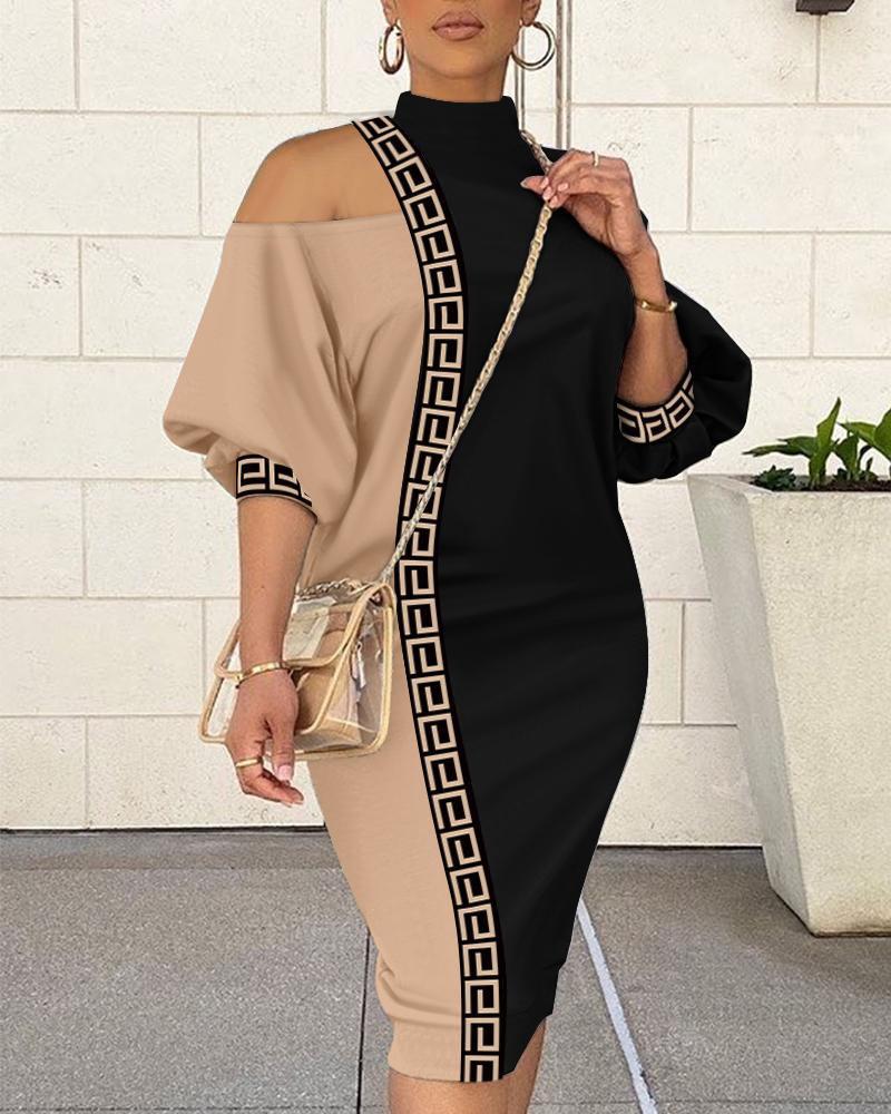 Geometric Print Cold Shoulder Casual Dress