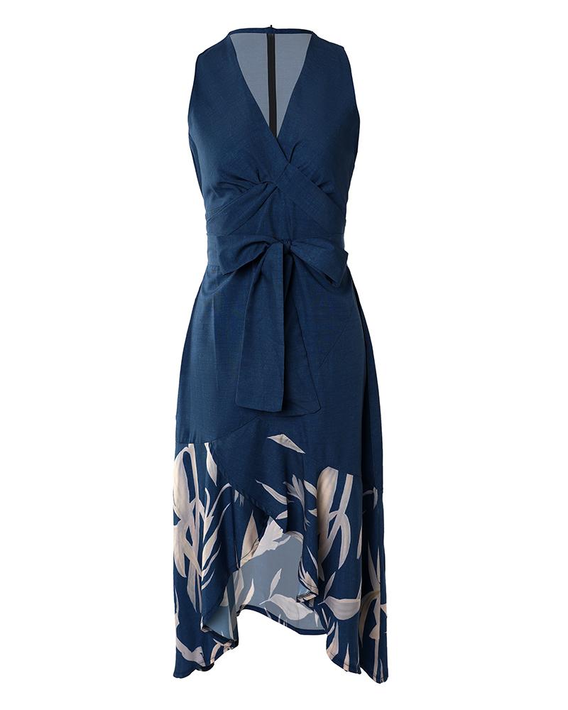 Plants Print Ruffle Hem Belted Midi Dress