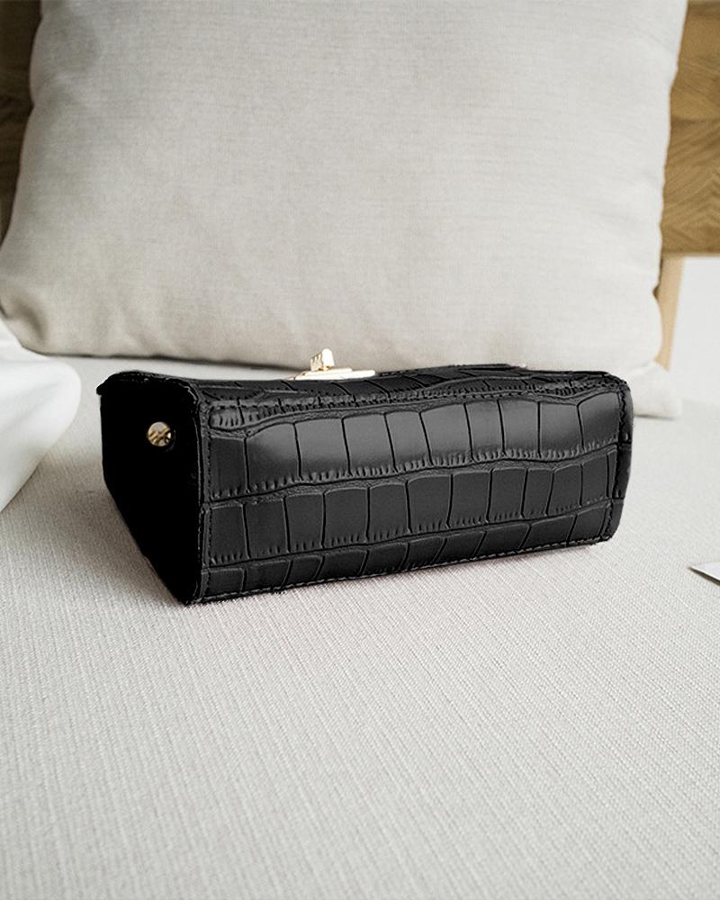 Croc Embossed Twist Lock Flap Satchel Bag