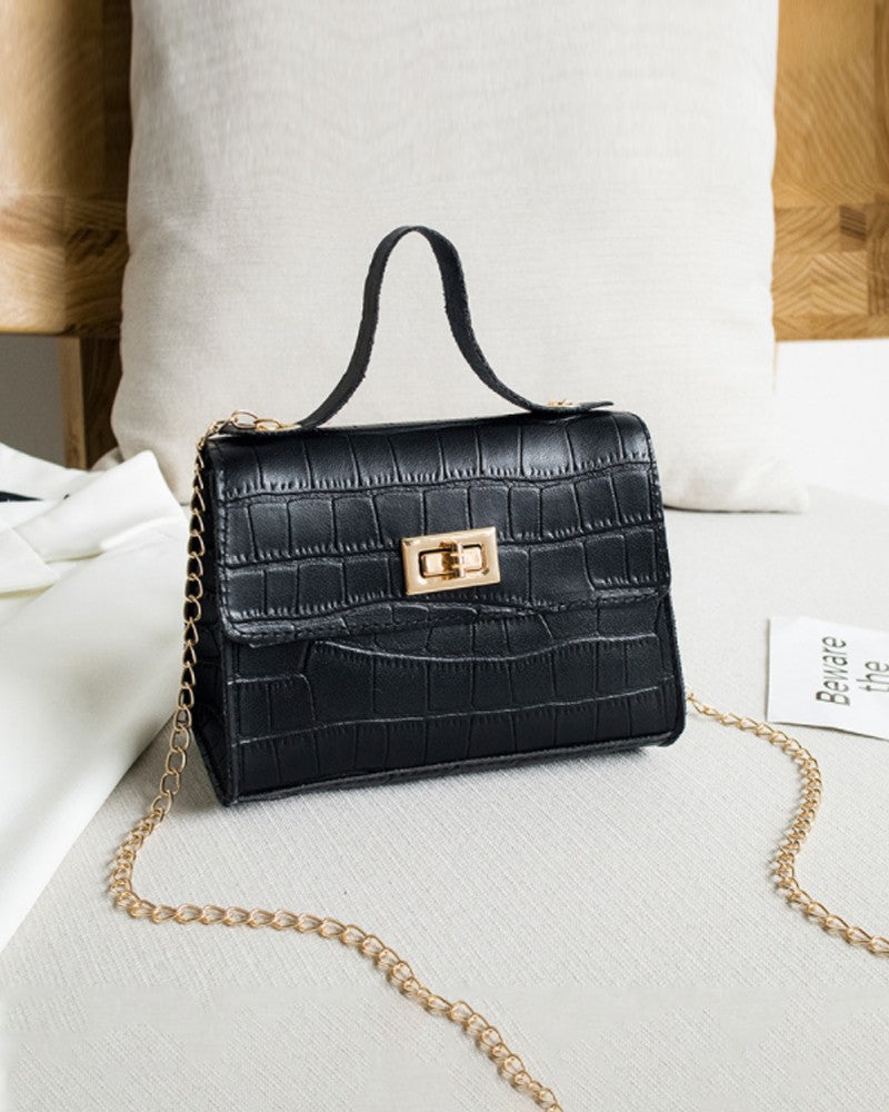 Croc Embossed Twist Lock Flap Satchel Bag