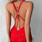 Glitter O Ring Backless Ruched Bodycon Dress
