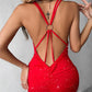 Glitter O Ring Backless Ruched Bodycon Dress