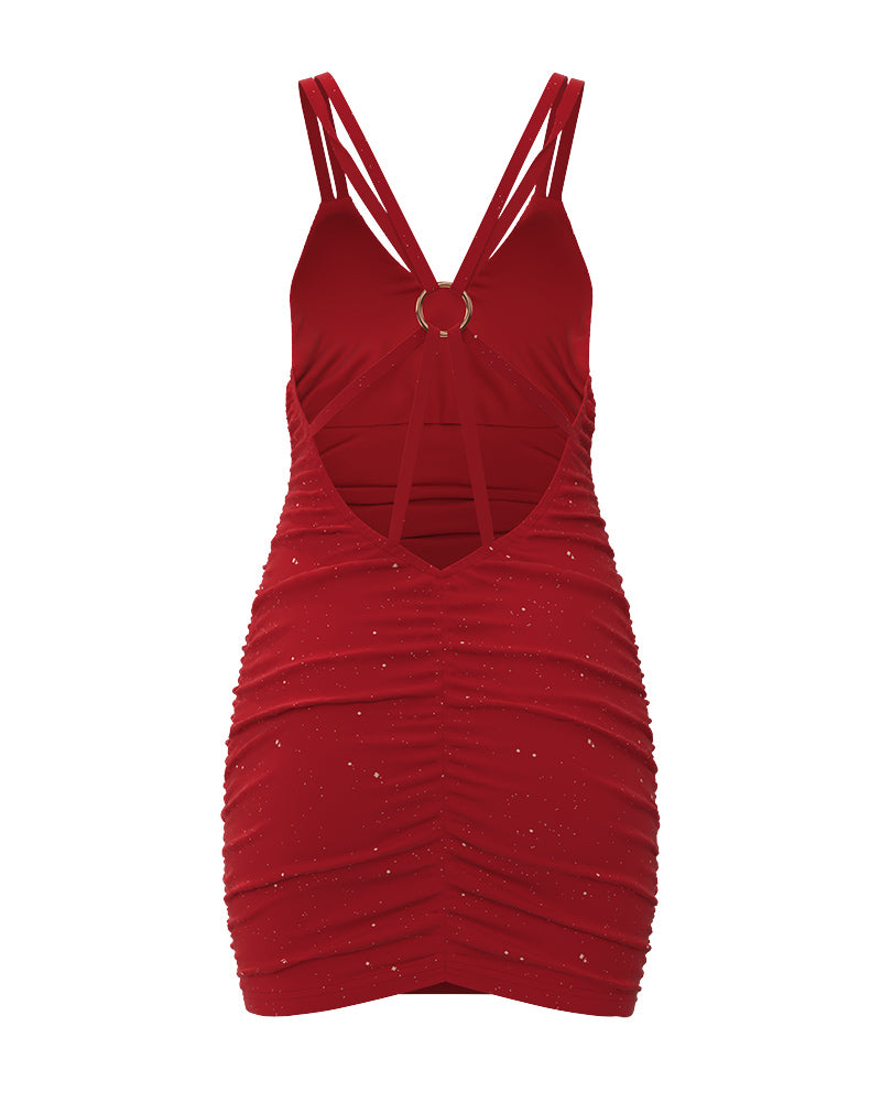 Glitter O Ring Backless Ruched Bodycon Dress