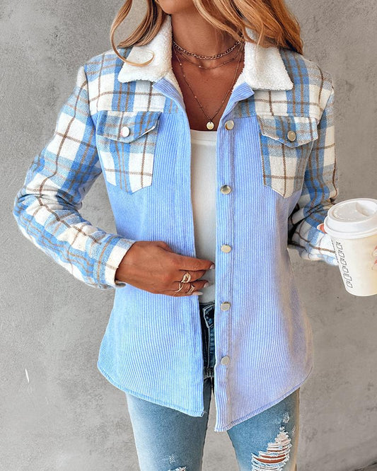 Colorblock Plaid Print Corduroy Lined Shacket