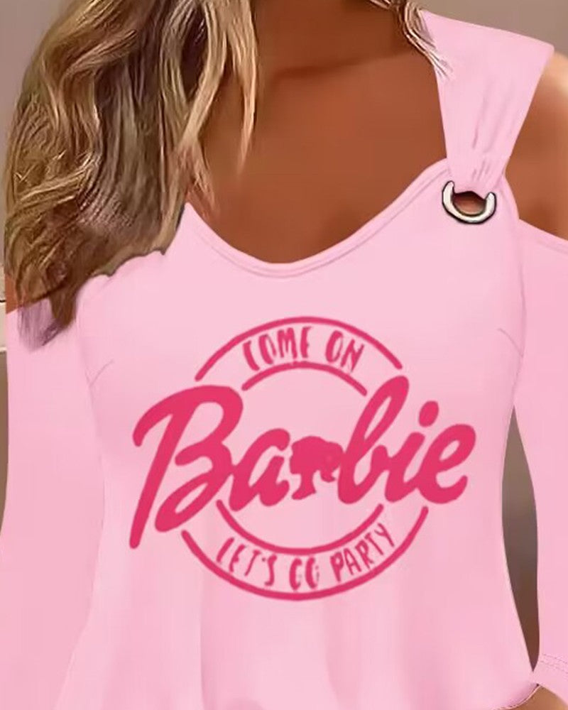 Come On Barbie Let's Go Party Print Cold Shoulder Eyelet Casual Top