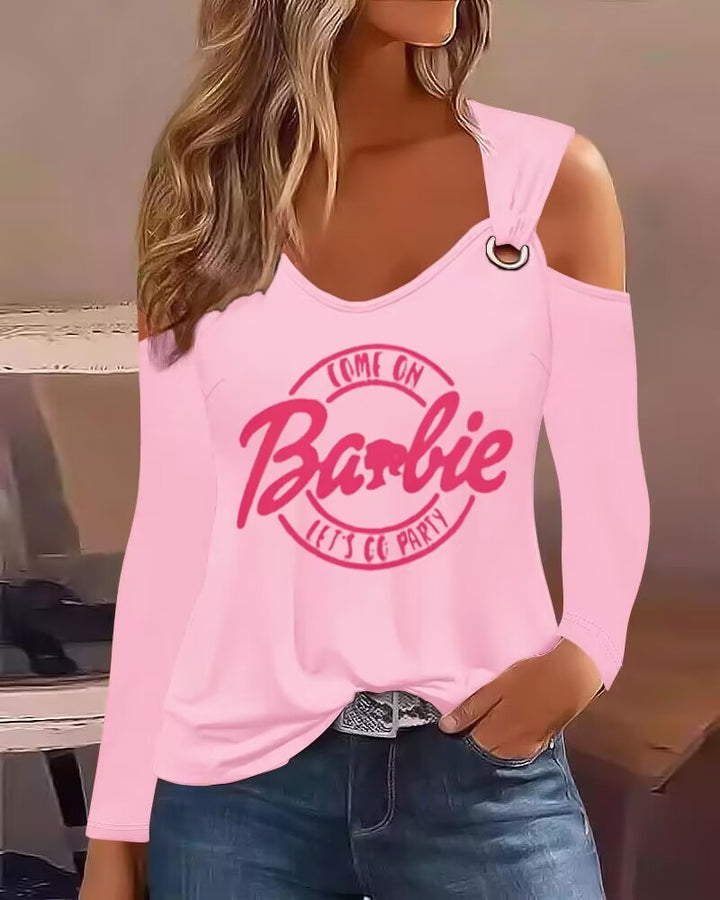 Come On Barbie Let's Go Party Print Cold Shoulder Eyelet Casual Top