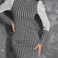 Mesh Patch Houndstooth Print Puff Sleeve Work Dress