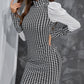 Mesh Patch Houndstooth Print Puff Sleeve Work Dress