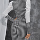 Mesh Patch Houndstooth Print Puff Sleeve Work Dress