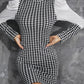 Mesh Patch Houndstooth Print Puff Sleeve Work Dress