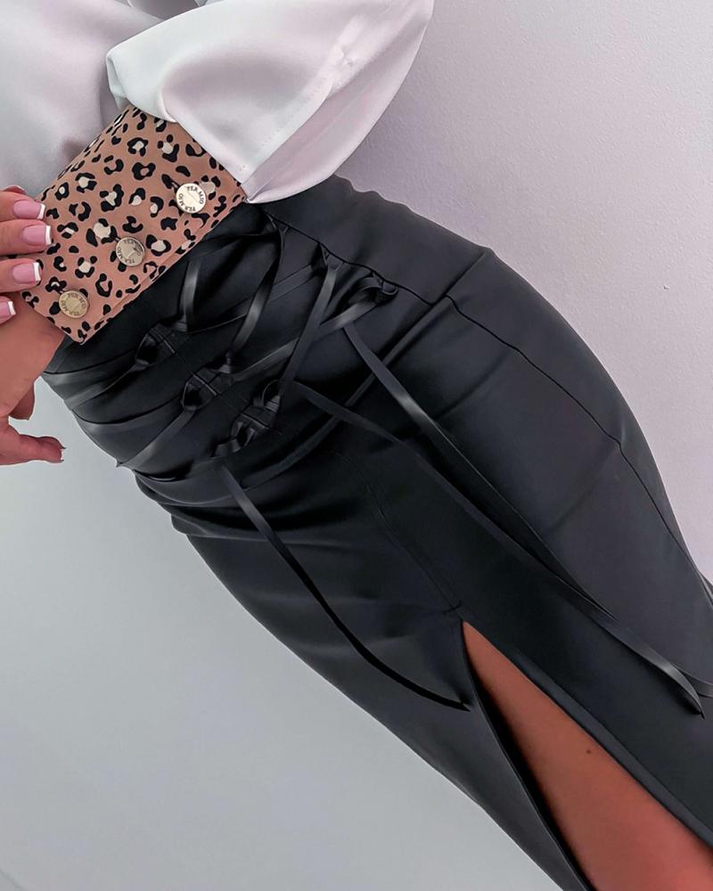 PU Leather Slit Lace up Skirt