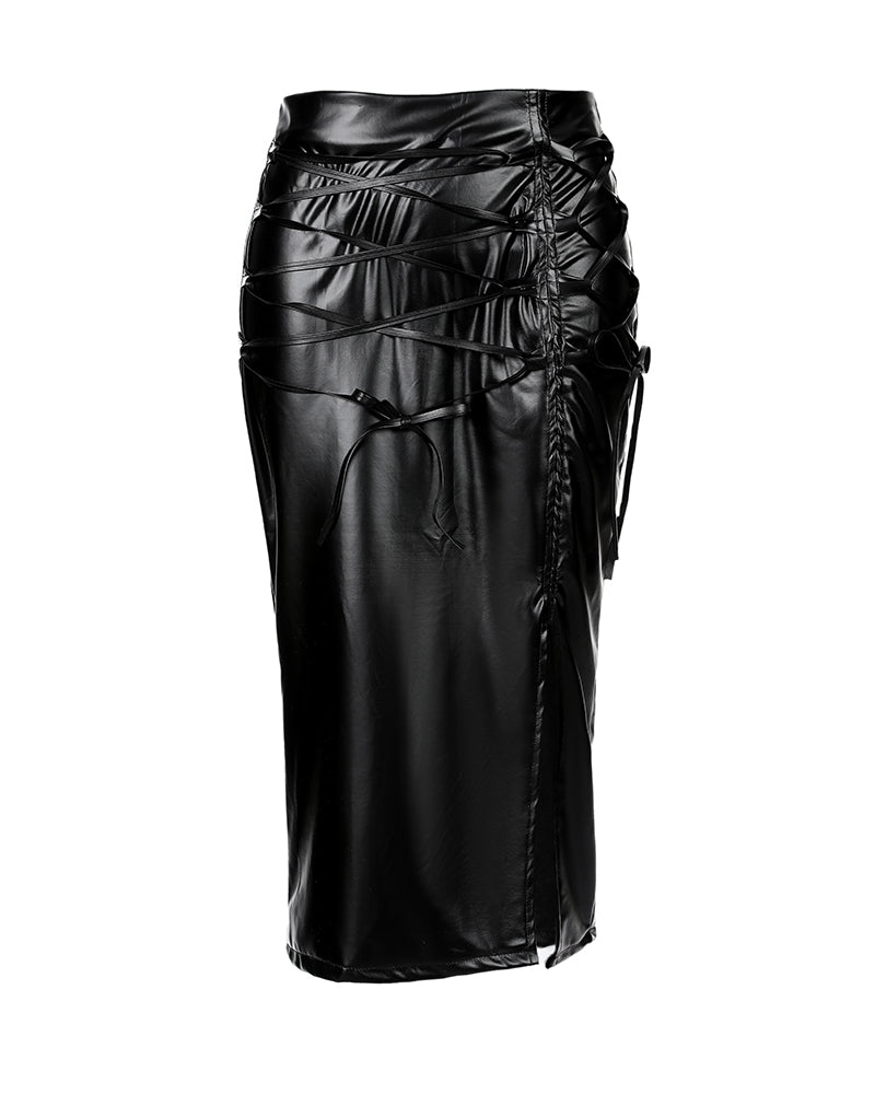 PU Leather Slit Lace up Skirt