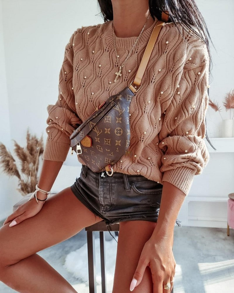 Long Sleeve Beaded Hollow out Knit Casual Sweater