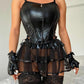 PU Leather Contrast Mesh Eyelet Lace up Bustier Set With Gloves