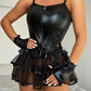 PU Leather Contrast Mesh Eyelet Lace up Bustier Set With Gloves