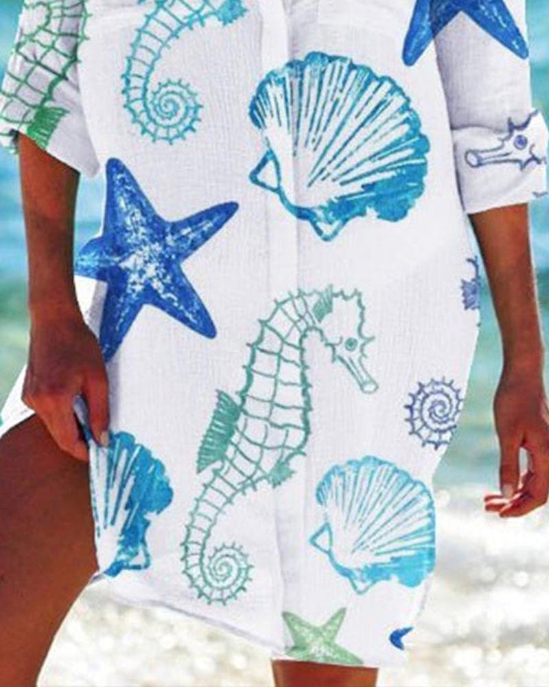Hippocampus Shell Print Long Sleeve Shirt Dress