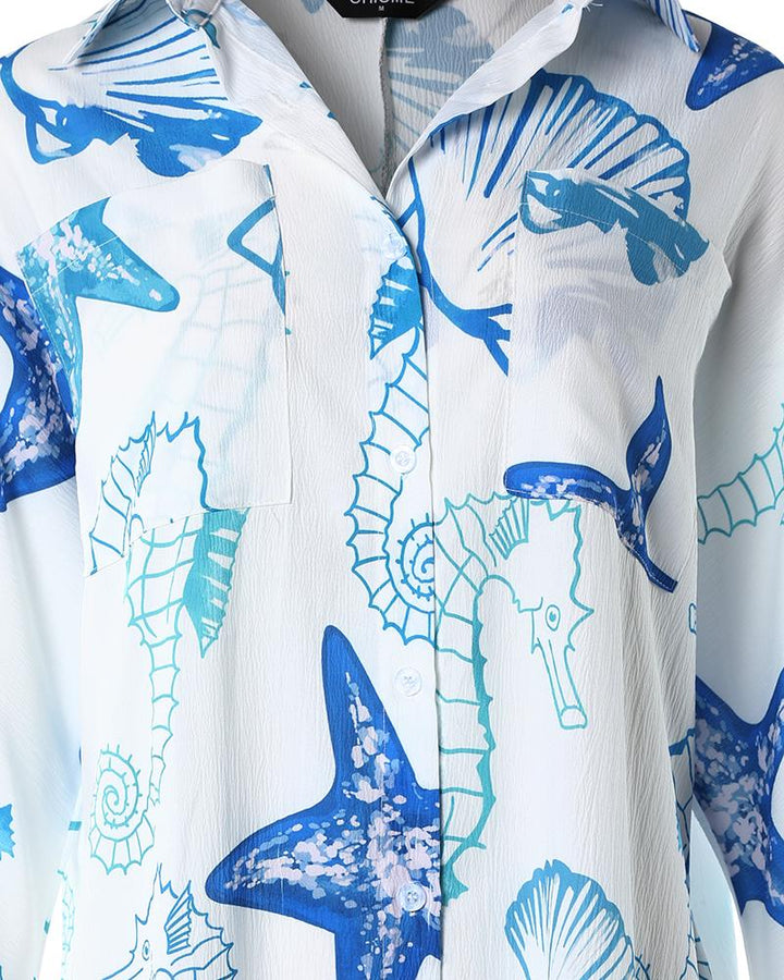 Hippocampus Shell Print Long Sleeve Shirt Dress