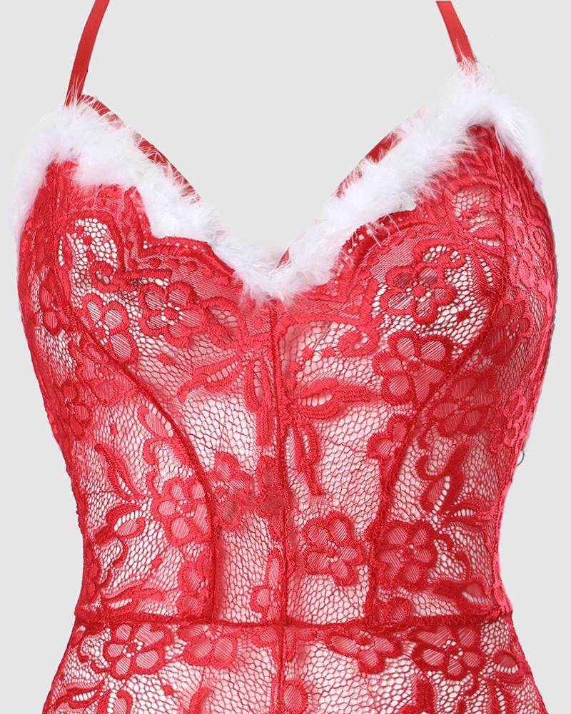 Christmas Lingerie Fuzzy Detail Backless Scallop Trim Crotchless Lace Teddy
