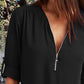 Roll Up Sleeve Zipper Front Top