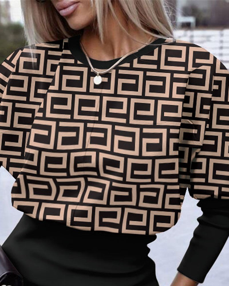 Geometric Print Long Sleeve Casual Dress