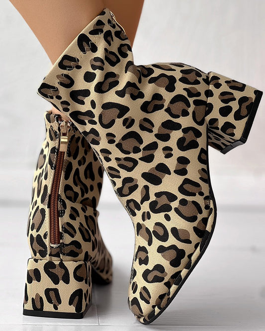 Zipper Back Leopard Print Chunky Heel Ankle Boots