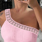 One Shoulder Lace Patch Eyelet Embroidery Top