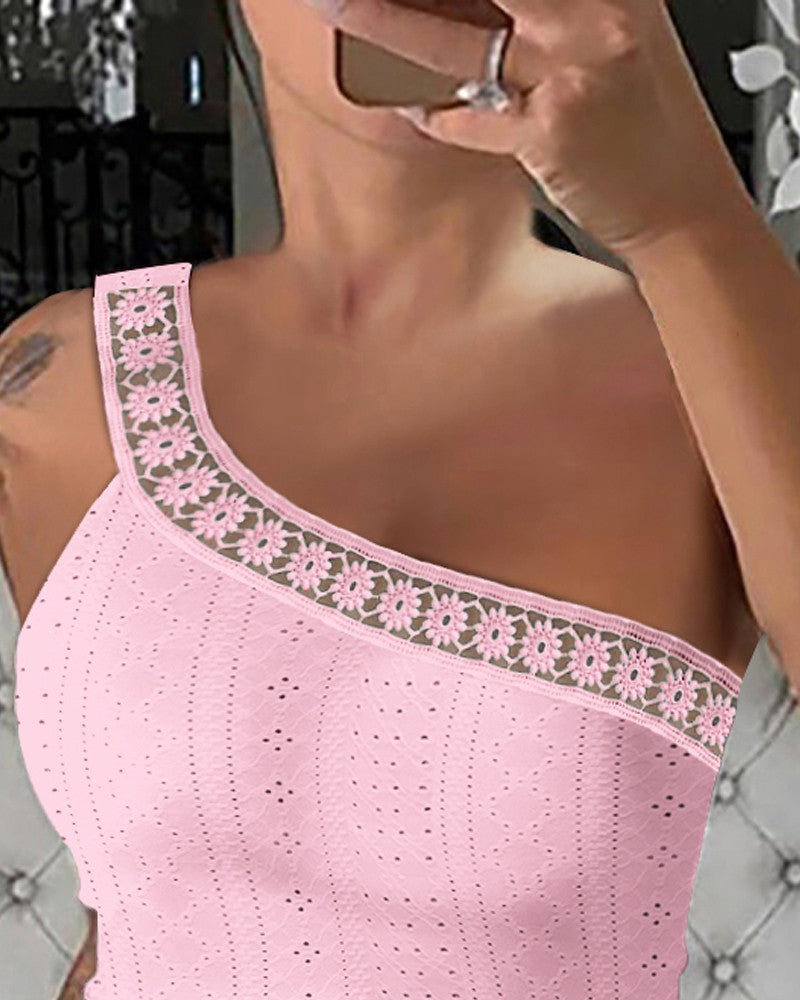 One Shoulder Lace Patch Eyelet Embroidery Top