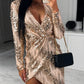 Ruched Plunge Long Sleeve Sequin Dress