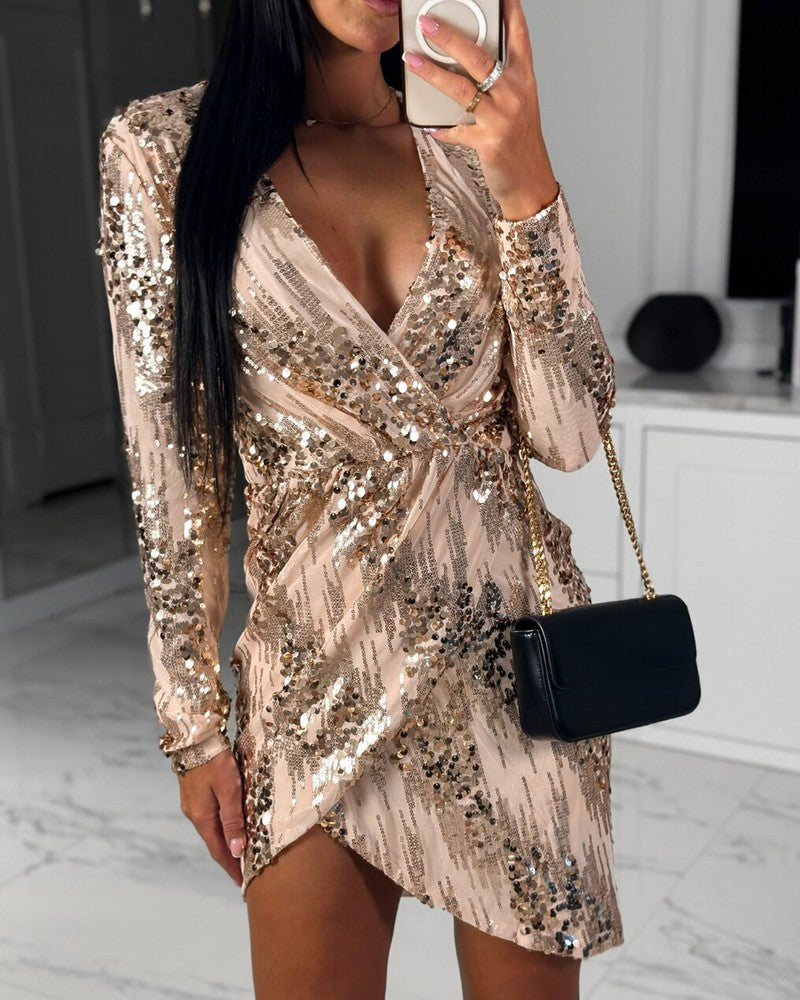 Ruched Plunge Long Sleeve Sequin Dress