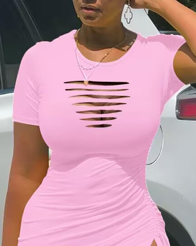 Ladder Cutout Drawstring Ruched High Slit Dress