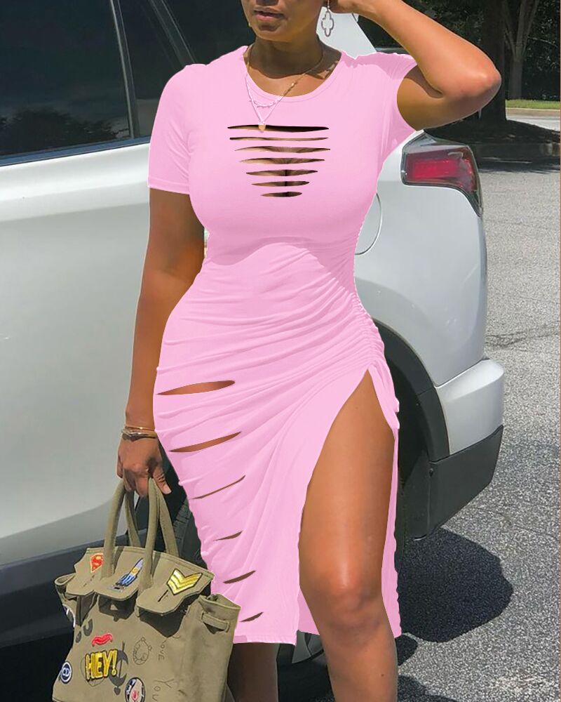 Ladder Cutout Drawstring Ruched High Slit Dress