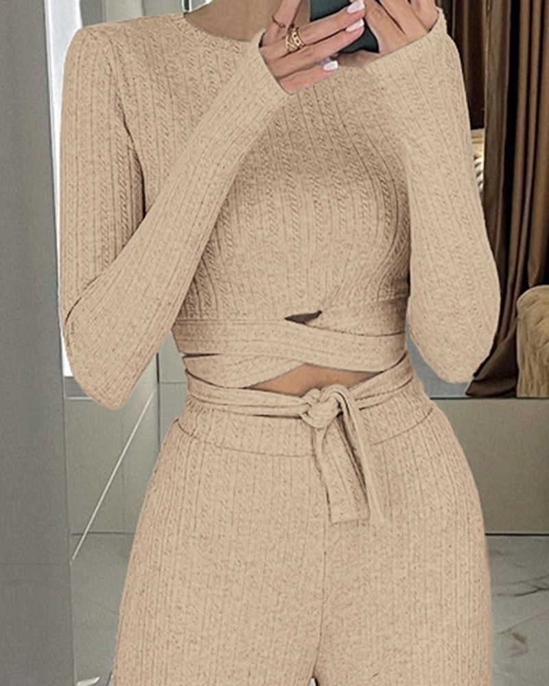 Tied Detail Ribbed Top & High Waist Pants Set