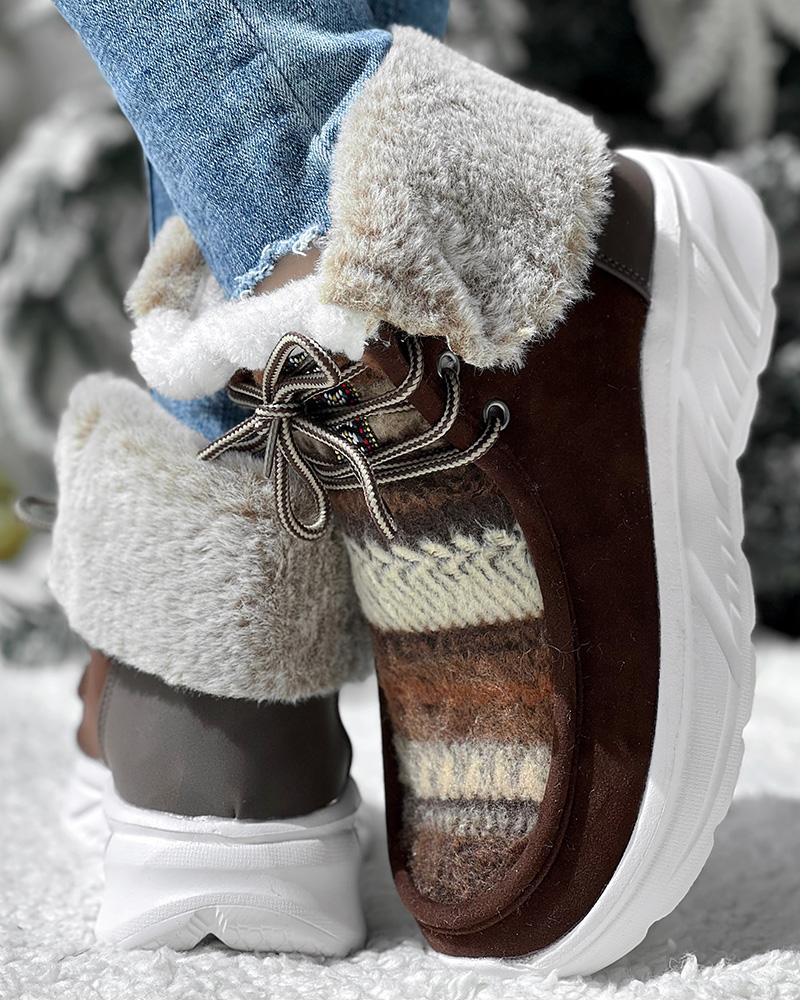 Colorblock Geometric Lace up Fuzzy Lined Ankle Boots