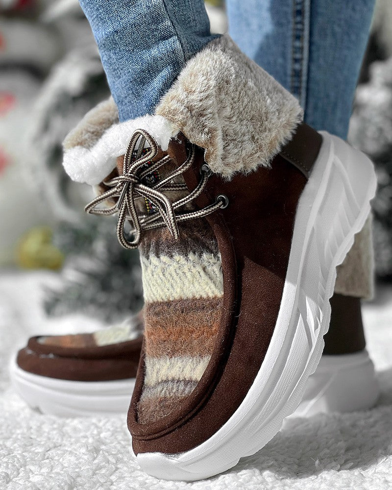 Colorblock Geometric Lace up Fuzzy Lined Ankle Boots