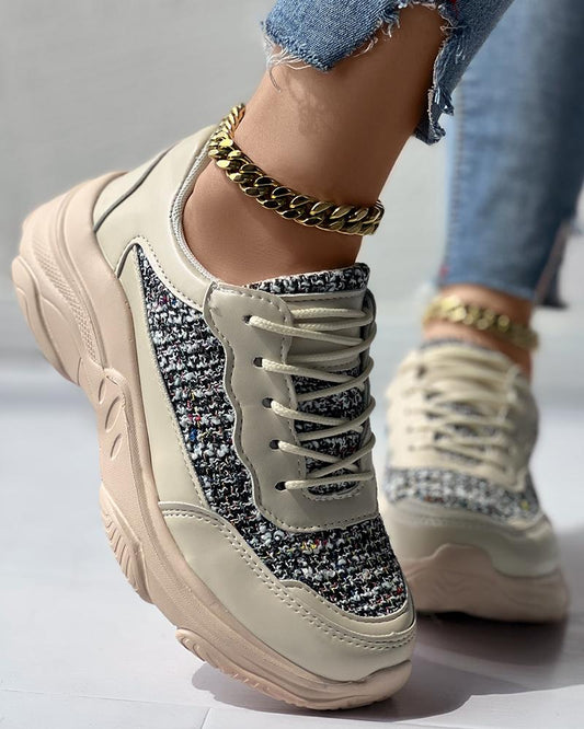 Tweed Patchwork Lace up Platform Sneakers