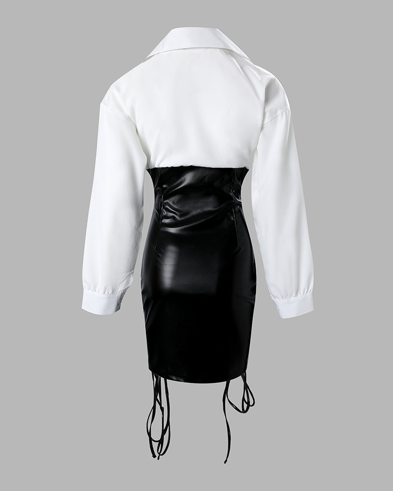 PU Leather Patch Drawstring Ruched Buttoned Bodycon Dress