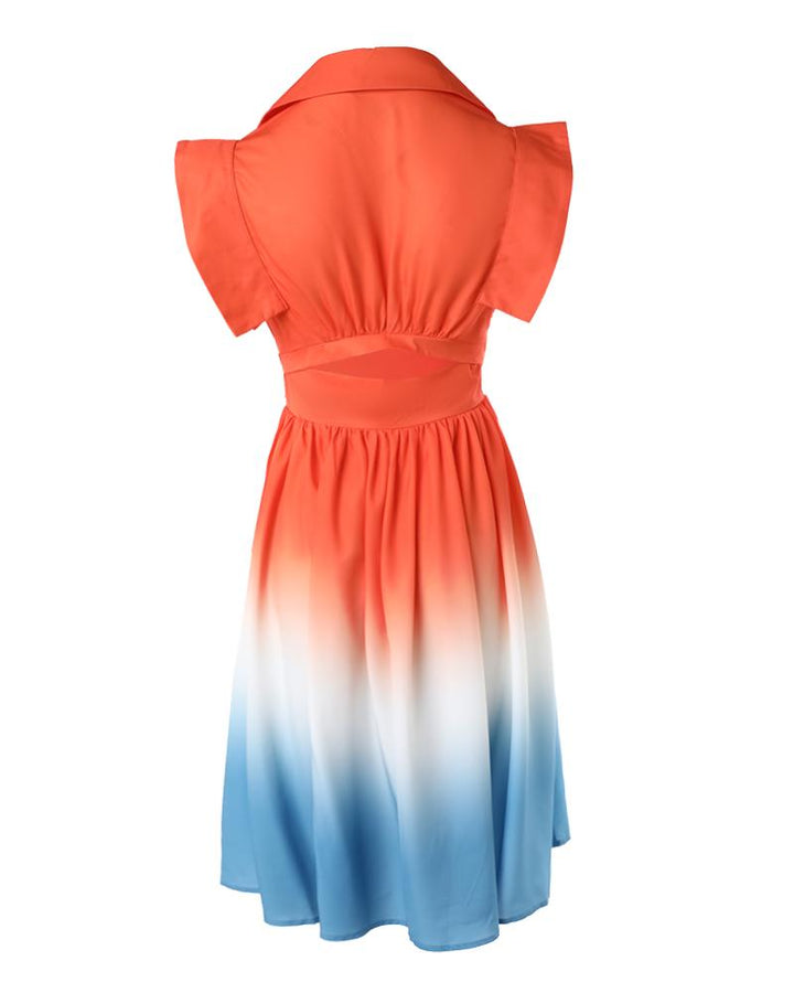 Ombre Tie Dye Print Flutter Sleeve Pleated Casual Dress