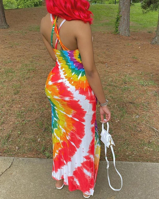 Tie Dye Print Crisscross Back Slit Maxi Dress