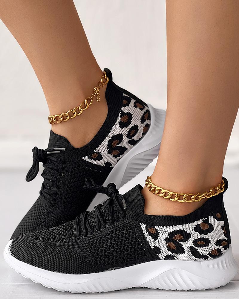 Leopard Lace up Breathable Casual Sneakers