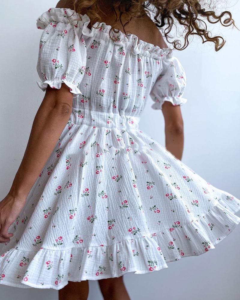 Off Shoulder Frill Hem Ditsy Floral Print Dress
