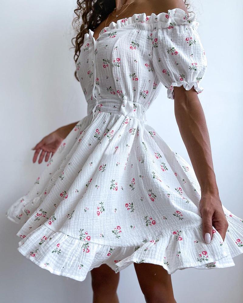 Off Shoulder Frill Hem Ditsy Floral Print Dress
