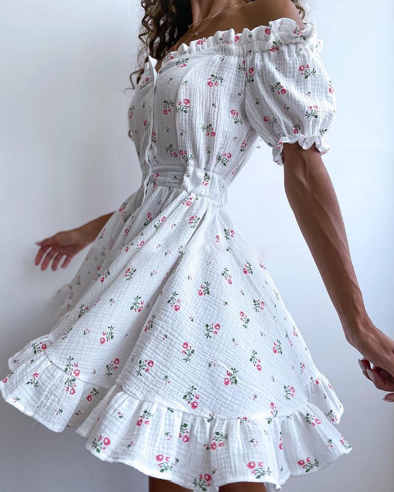 Off Shoulder Frill Hem Ditsy Floral Print Dress